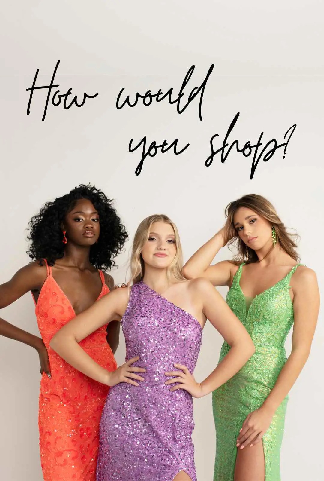 Models wearing beaded formal dresses