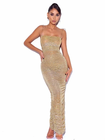 Babetique Style #Glint Gold Ruched Chiffon Maxi #6 Gold thumbnail