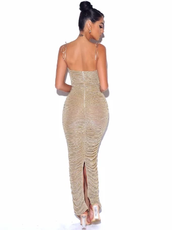 Babetique Style #Glint Gold Ruched Chiffon Maxi #3 Gold thumbnail