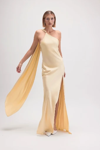 Asymmetric Halter Drape Scarf Slit Maxi #0 default Yellow thumbnail